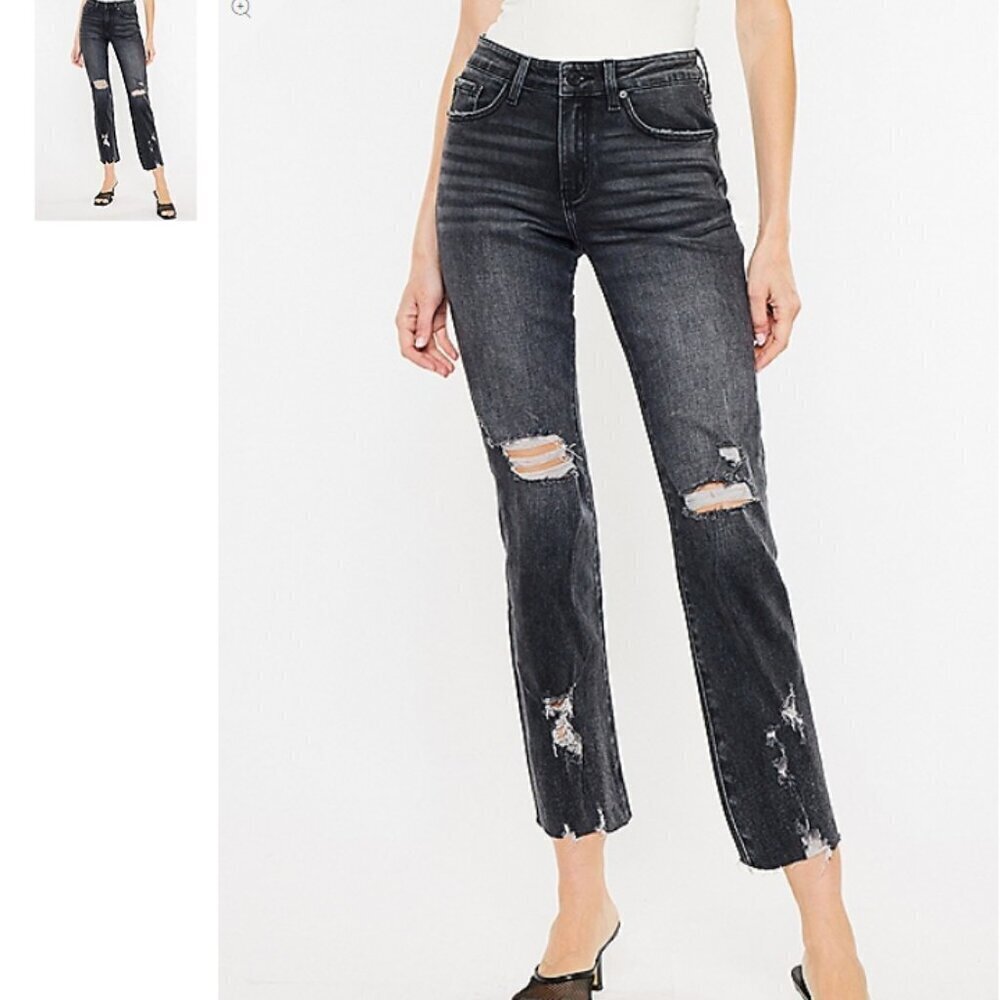 KanCan Women's Charcoal Ankle Straight Mid Rise Ripped Jean Size 29x25